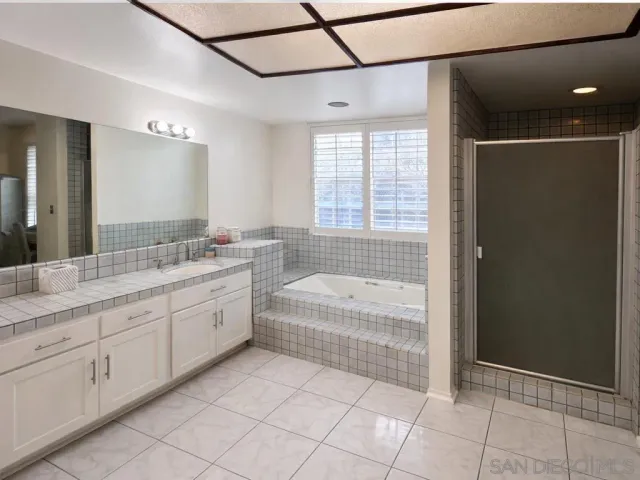 a spacious bathroom with a shower a sink and a bathtub