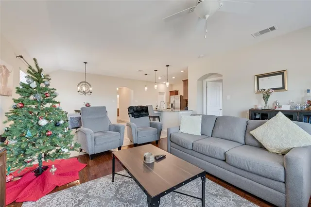 a living room with furniture a rug and a potted plant