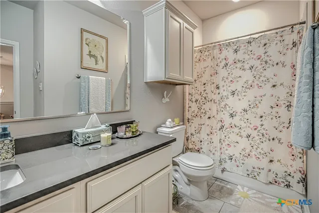 a bathroom with a granite countertop sink a toilet and a shower