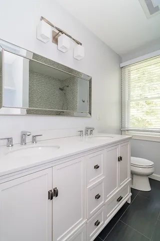 a bathroom with a double vanity sink a toilet and a mirror