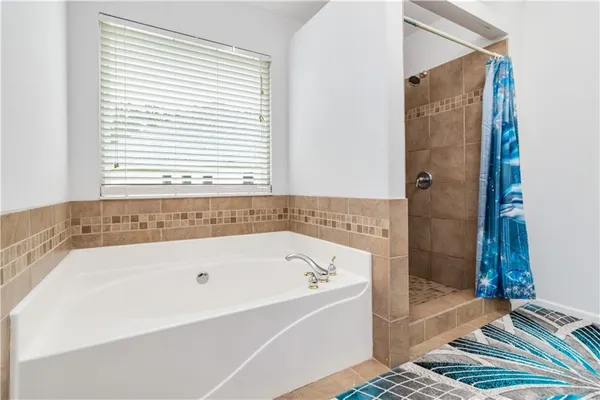a bathroom with a bathtub and a shower