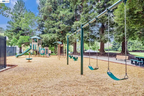 a view of a park with swings