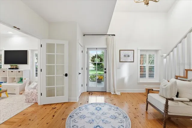 a view of a hallway with workspace