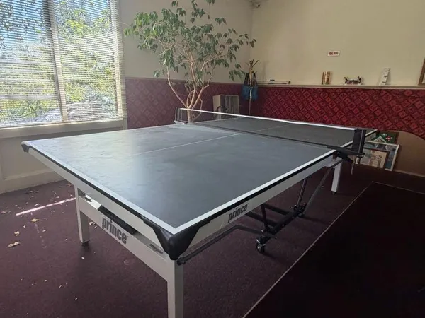 a room with pool table and windows