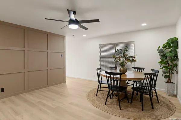 a view of a dining room with furniture