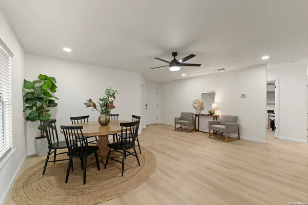 a view of a dining room with furniture