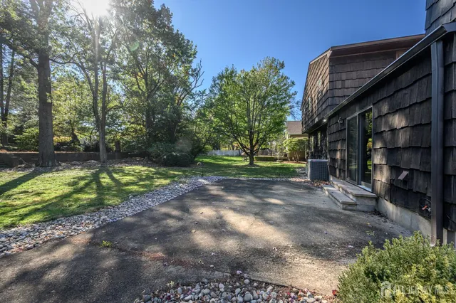 a view of a park with large trees