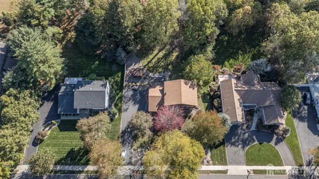 an aerial view of a house with a yard and large trees