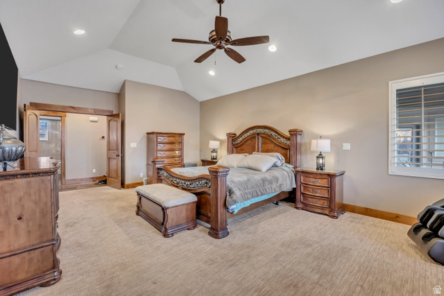 896 West 675 South Mapleton, UT 84664 - Photo 17 of 77 Bedroom with ceiling fan, vaulted ceiling, recessed lighting, and light colored carpet