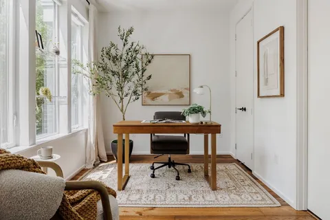 a living room with furniture and a potted plant