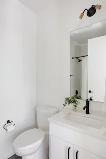 a bathroom with a sink a toilet and a mirror