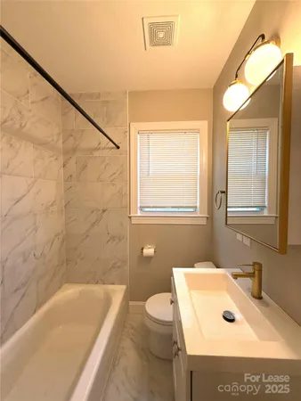 a bathroom with a bathtub a sink a toilet and a mirror