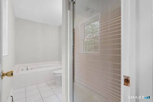 a bathroom with a bathtub and toilet