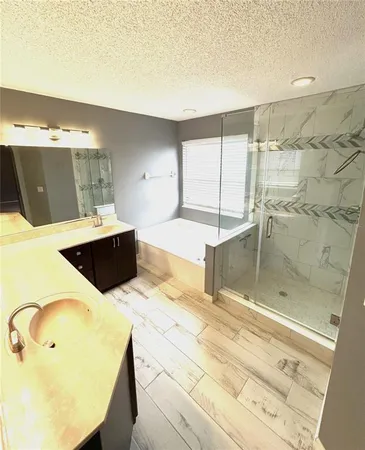 a bathroom with a tub sink and mirror