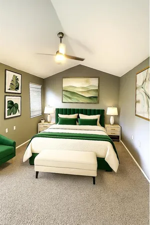 a bed room with a bed and a night stand