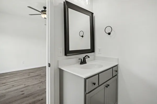 a bathroom with a sink and a mirror