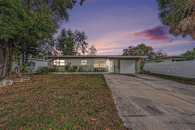 a front view of a house with a yard and a garage