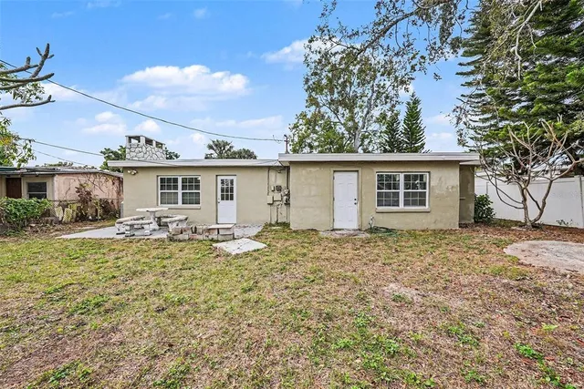 front view of a house with a patio