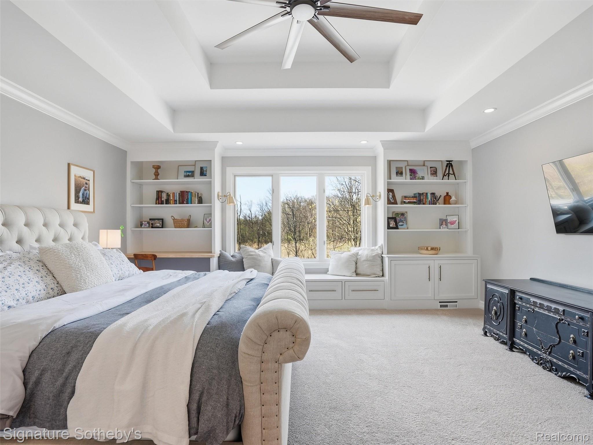 1595 Carriage Way Rochester, MI 48307 - Photo 58 of 78 Carpeted bedroom featuring ornamental molding, ceiling fan, and recessed lighting