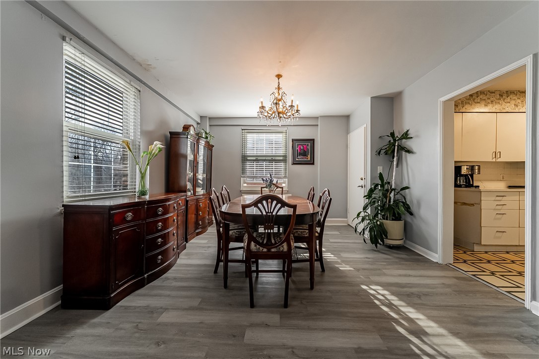 13800 Fairhill Road, Unit 306 Cleveland, OH 44120 - Photo 22 of 48 Dining area with hanging lights and light wood finished floors