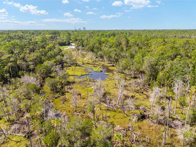 an aerial view of residential houses with outdoor space and trees