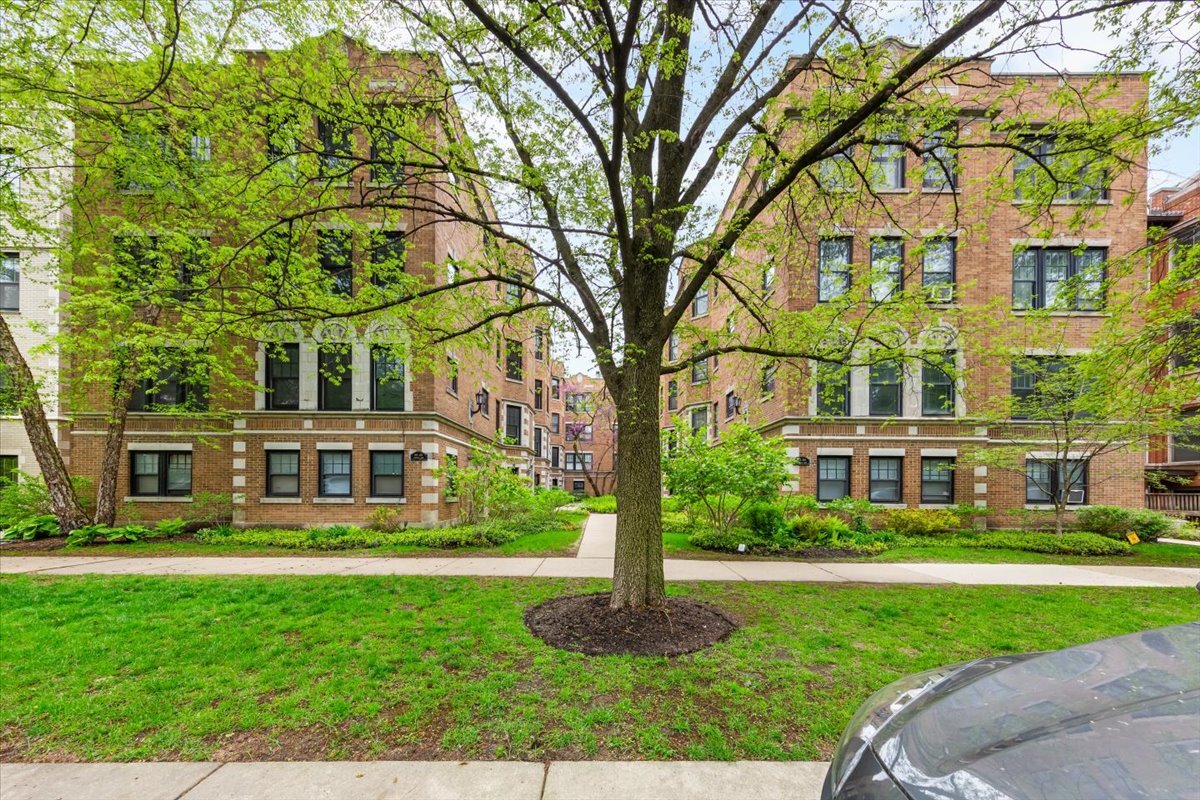 a front view of a residential apartment building with a yard