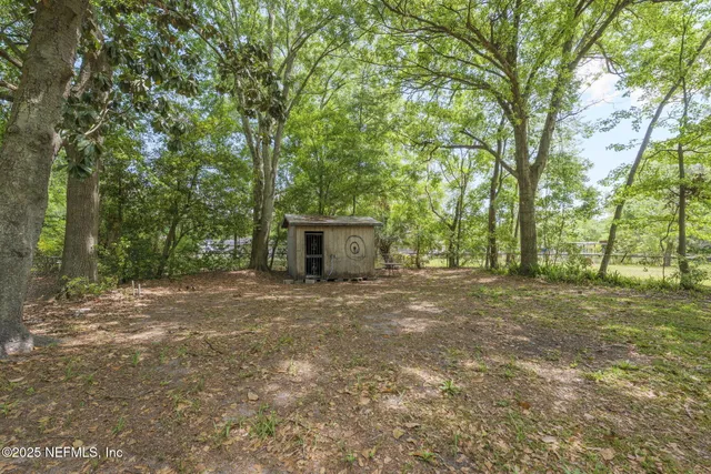 a big yard with large trees