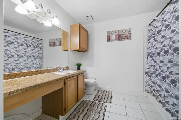 a bathroom with a sink a toilet and mirror