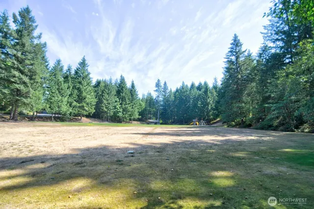 a view of beach and yard with trees in the background