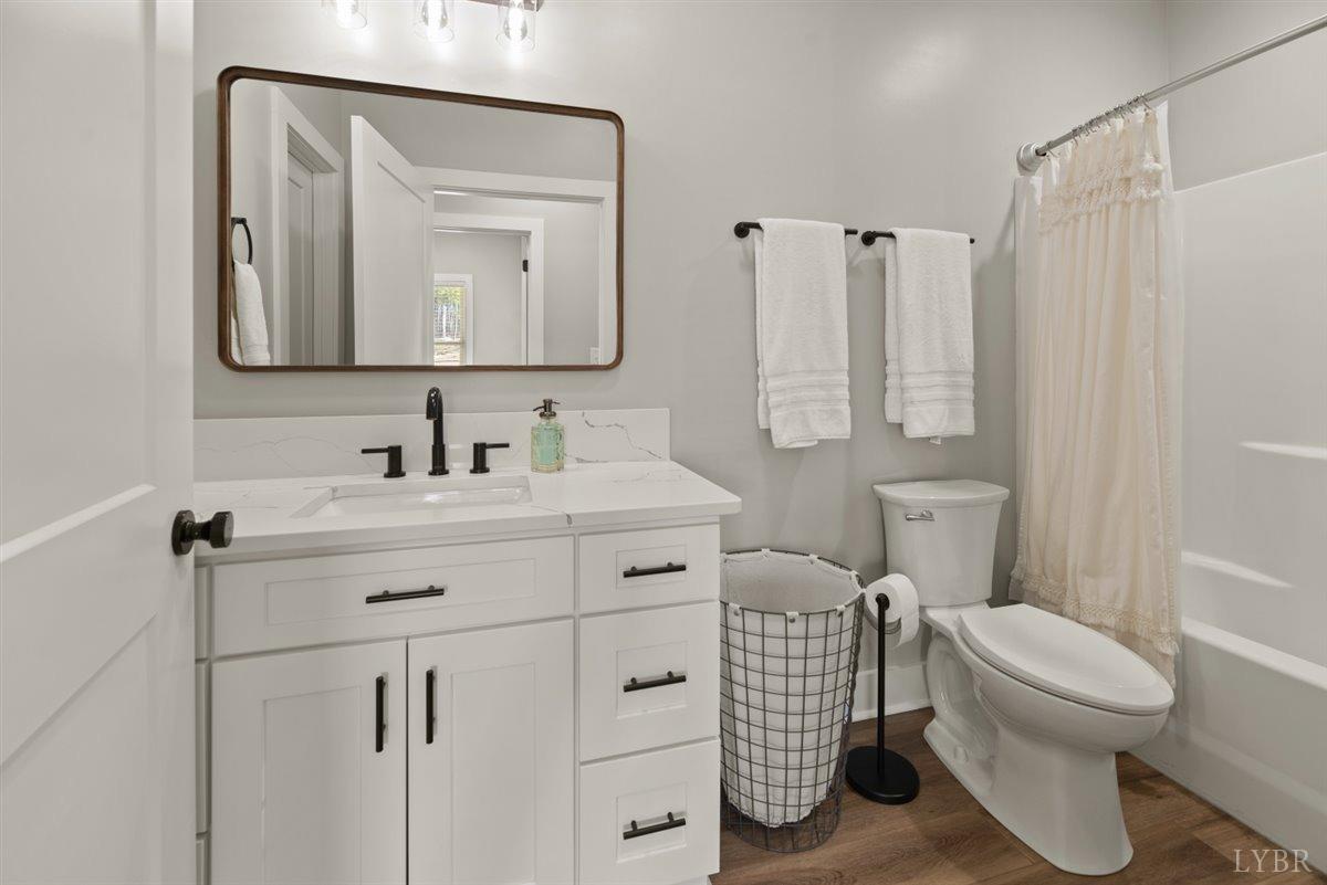 4639 Lowry Road Goode, VA 24556 - Photo 34 of 76 a bathroom with a toilet a sink a vanity and mirror