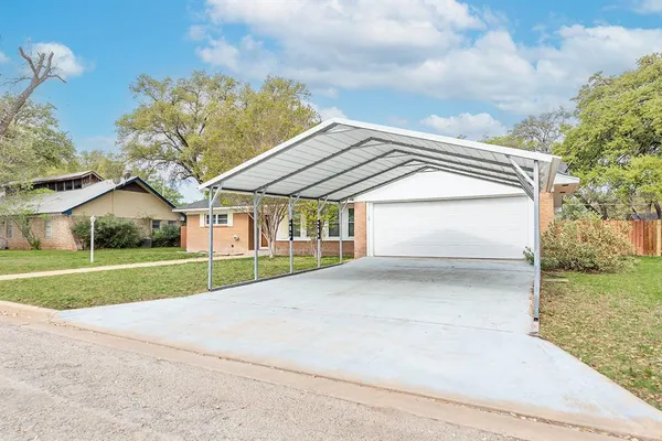 a view of a backyard with plants and large tree