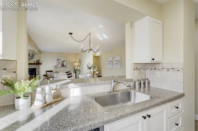 a kitchen with granite countertop a sink and potted plant