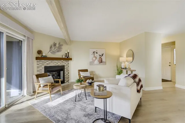 a living room with furniture and a fireplace