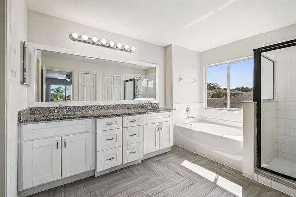a spacious bathroom with a granite countertop tub double vanity sink and a mirror