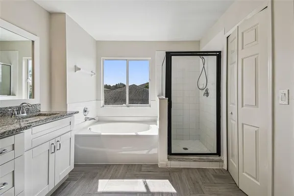 a bathroom with a tub a sink and a mirror