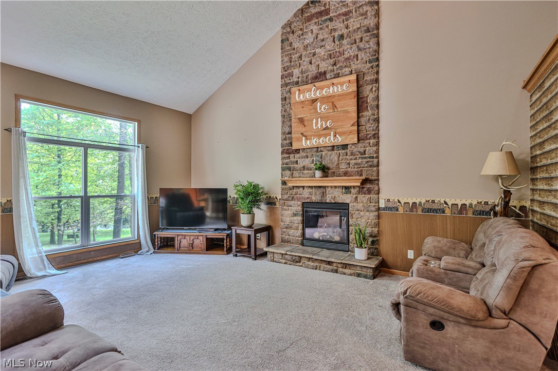 11154 Johnsford Road Southwest Beach City, OH 44608 - Photo 14 of 50 Spacious living area featuring a stone-clad fireplace with a wood mantle, vaulted ceilings, a large picture window, and light-toned carpeting