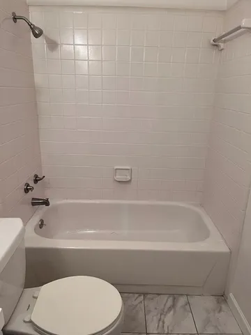 a bathroom with a toilet and bathtub