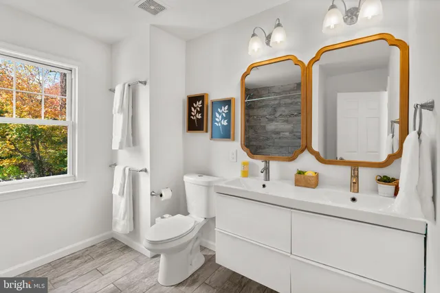 a bathroom with a toilet sink and mirror