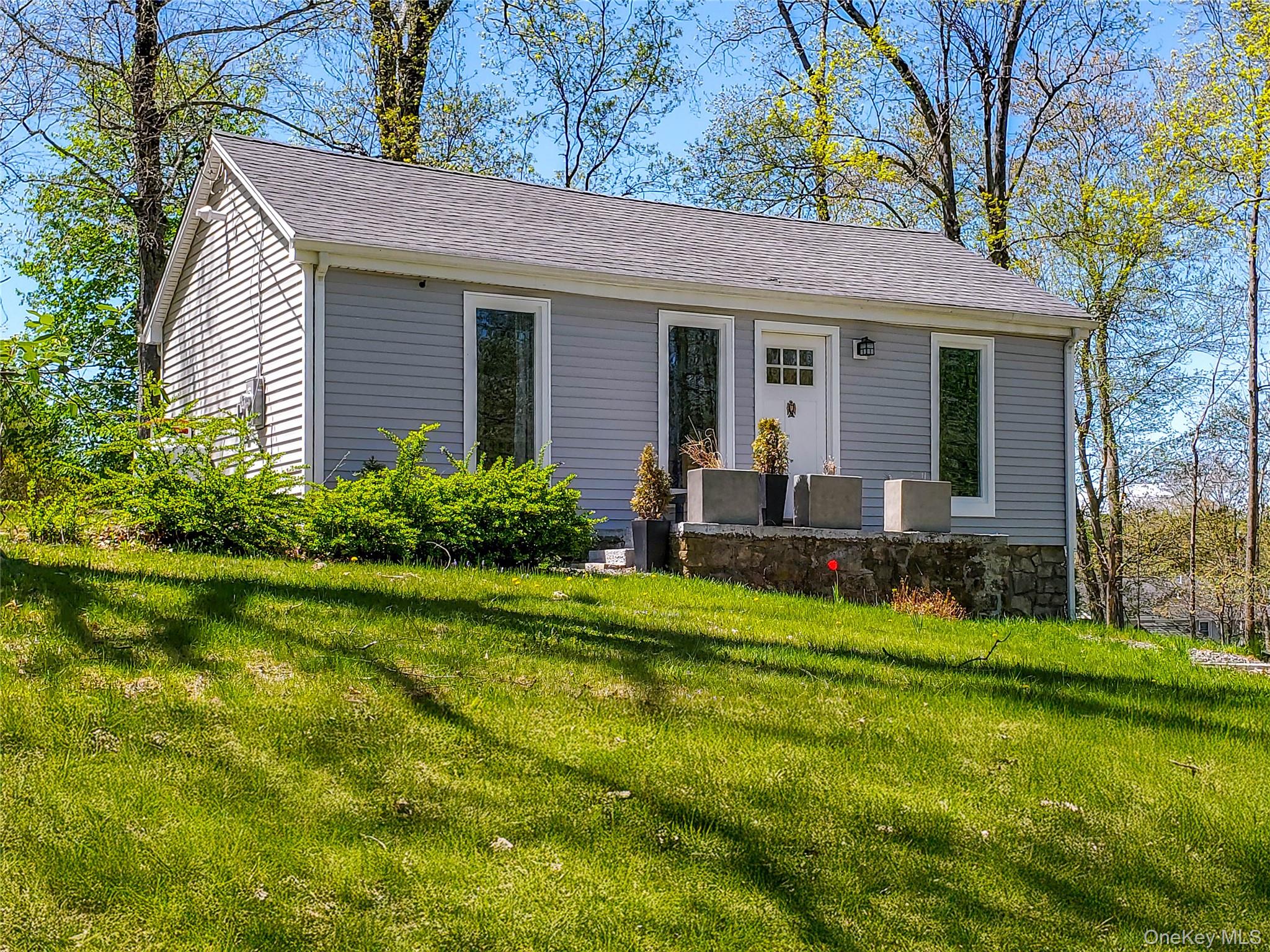 a front view of house with yard and green space