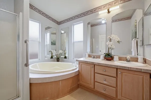 a bathroom with a tub sink and mirror