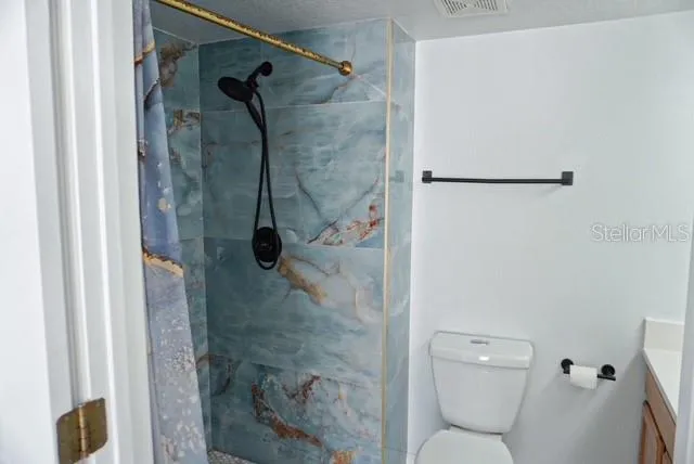 a bathroom with a shower and toilet