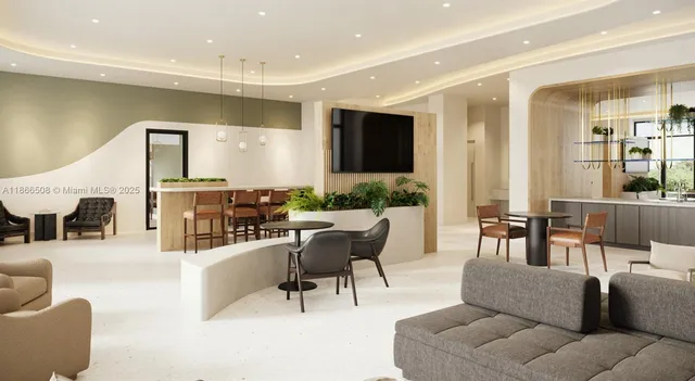 a living room with furniture chandelier and a large window