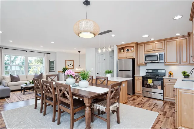a view of a dining room with furniture