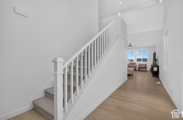 428 Quartz Road Tooele, UT 84074 - Photo 5 of 35 Carpeted staircase with white railings, wood-finish flooring, and high ceilings upon entering