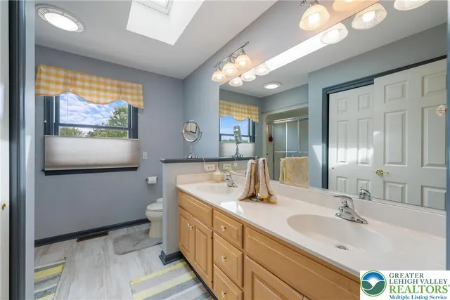 a bathroom with a sink a toilet and shower