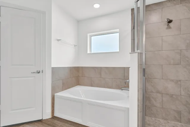 a bathroom with a bathtub