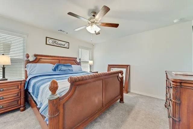 a bedroom with a bed and a ceiling fan