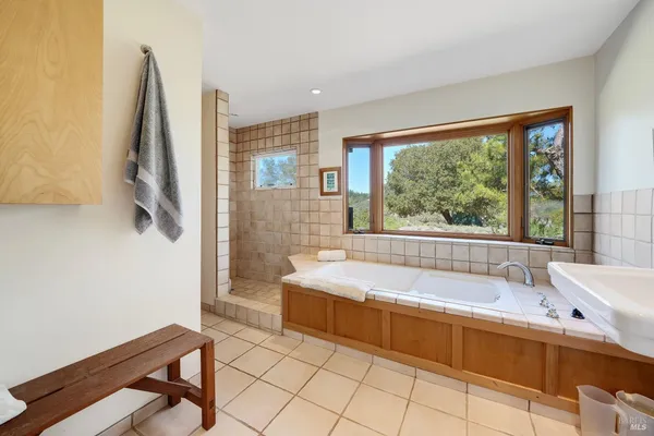 a bathroom with a bathtub and a shower