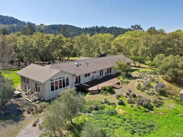an aerial view of a house with a garden