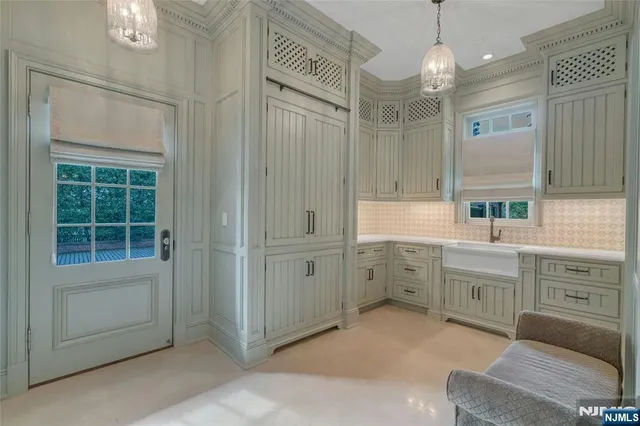 a large kitchen with a window